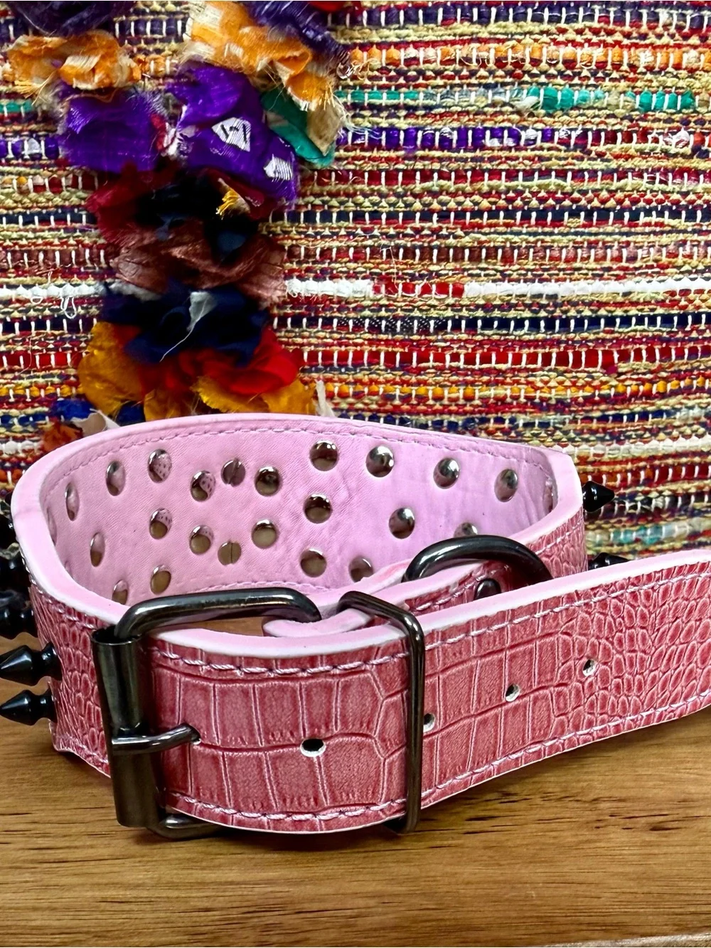 Pink Studded Skull Wide Dog Collar with Spike Accent